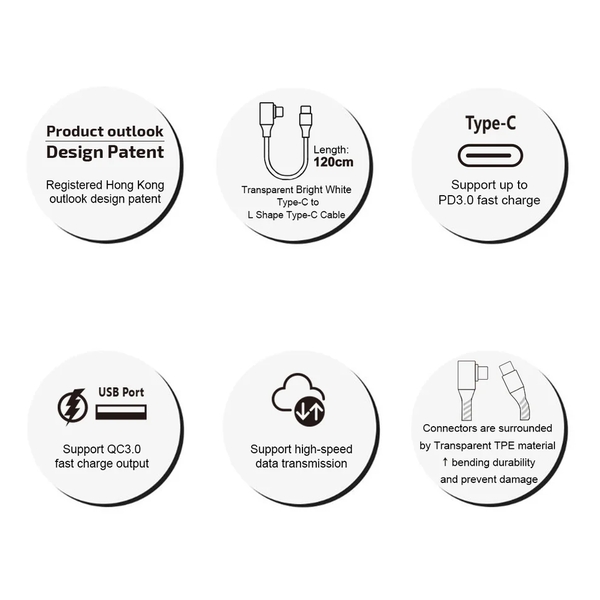 inno3C i-60CB-12 Transparent Type-C to Type-C 60W L-shape Cable 1.2M