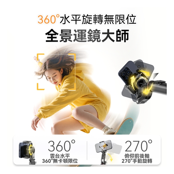 美國USATISFY AI人臉靈敏追蹤360°運鏡防抖雲台藍牙便攜多場景影創美拍桿Pro