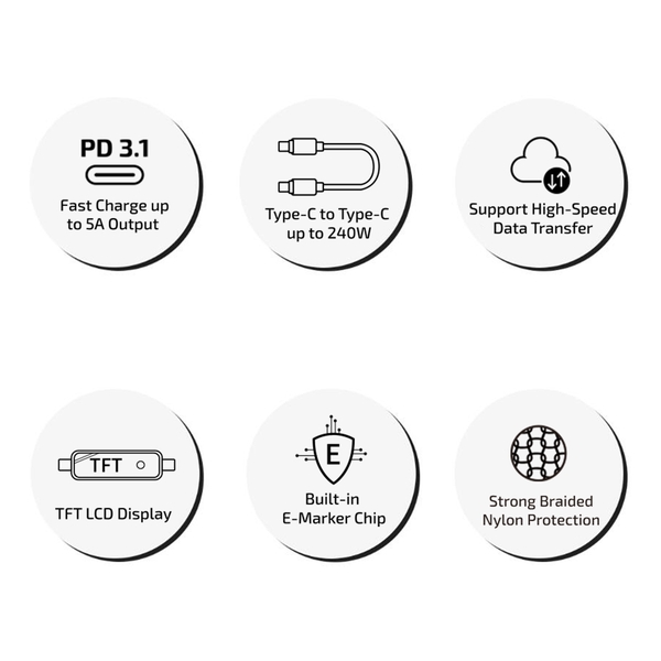 inno3C 240W TFT LCD Type-C to Type-C Data Transfer Charging Cable 120cm (Black)