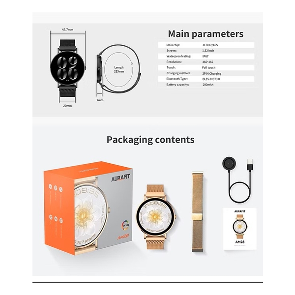 Aurafit Ella 3 AM28 超纖薄女性智能手錶 (玫瑰金)