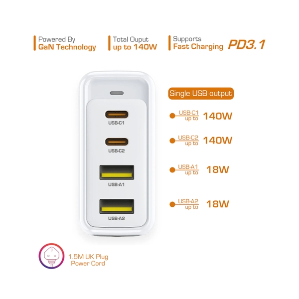 First Champion GaN Desktop Charger - 140W - UPC140PD2C2A, USB-Cx2 & USBx2, UK Plug
