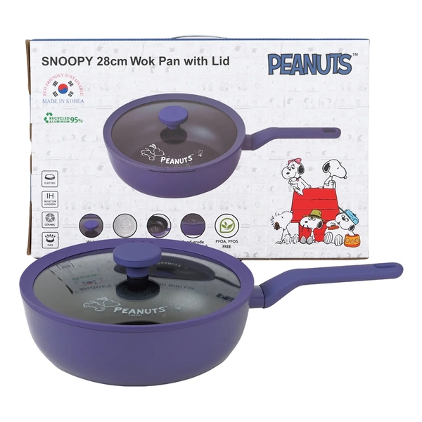 PEANUTS Foodgrade 28cm Deep Depth Frying Wok with Glass Lid