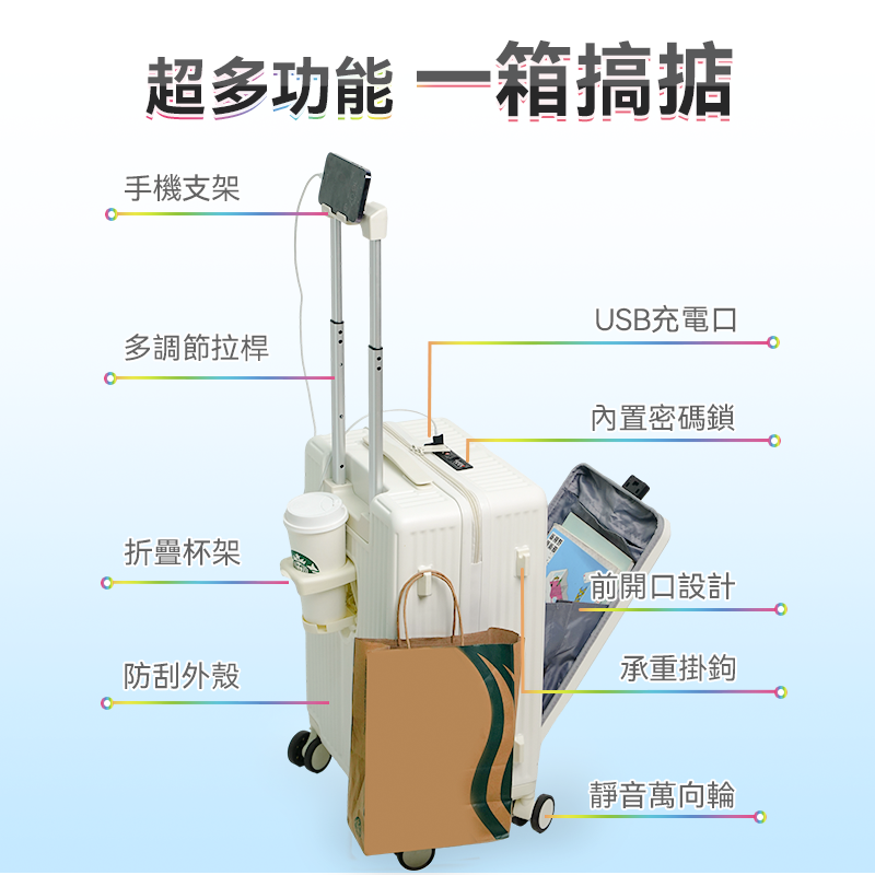 美國NEWEDO時尚多功能便 用便携自由行大容量登機旅 行箱Pro（白色）