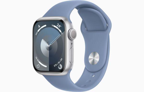 Apple Watch Series 9 GPS 41mm Silver Aluminium Case with Storm Blue Sport Band 