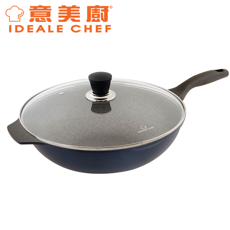 IDEALE CHEF KOREA RAINBOW DIE-CAST CURLING NON-STICK 34X9.5CM FRY WOK W/GLASS LID (DARK BLUE) IC16334W