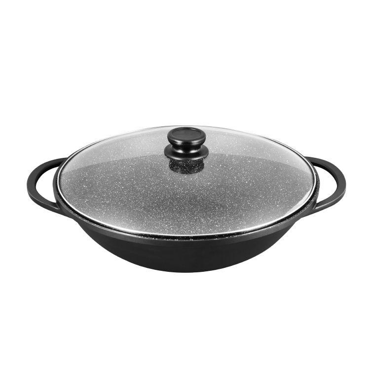 EURO C00K DIE-CAST BLACK MARBLING NON-STICK 36CM FLAT BOTTOM WOK W/GLASS LID (BLACK)