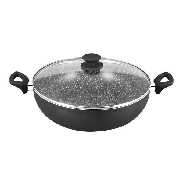 EURO COOK 34X9.5CM BLACK MARBLING NON-STICK WOK W/GLASS LID (BLACK)