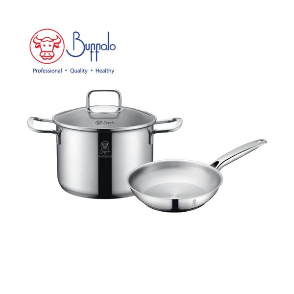 BUFFALO PRO TWINS COOK 3-PC COOKWARE SET: 20X13.5CM/3.8L STOCKPOT W/GLASS LID+ 20CM FRYPAN (0.6MM) 35020SF1