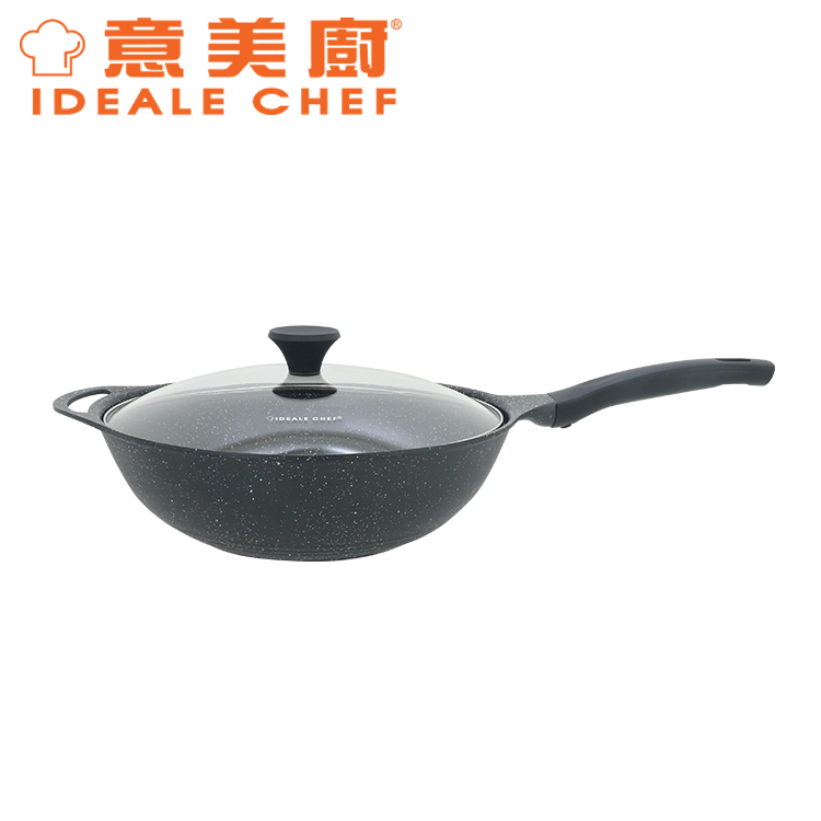 IDEALE CHEF BLACK MARBLE I DIE-CAST MARBLED NON-STICK FRY WOK W/GLASS LID (32X9.2CM/4.5L)(MARBLED)