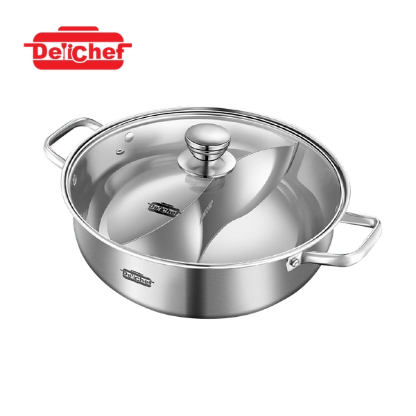 DELICHEF GLAD SUS304 CAPSULATED BOTTOM DIVIDED HOTPOT WITH GLASS LID (30X10.5CM/6.5L)