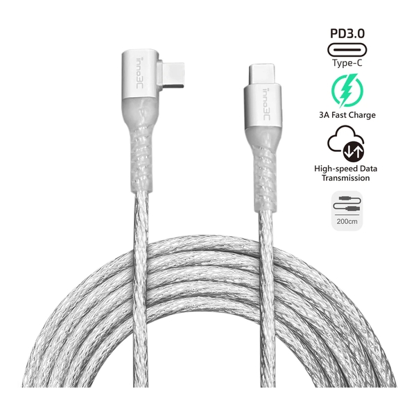inno3C Type-C to Type-C 60W L型透明快速充電線2M i-60C-20
