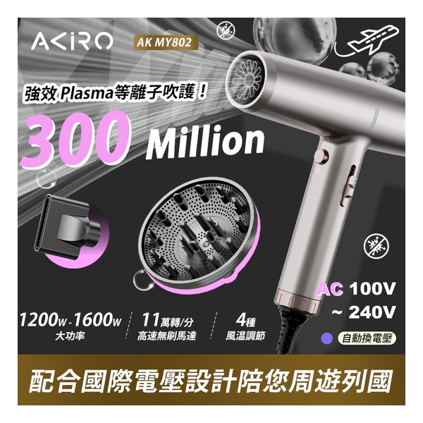 Akiro WorldStyler 國際電壓旅行高速風筒 (太空灰)