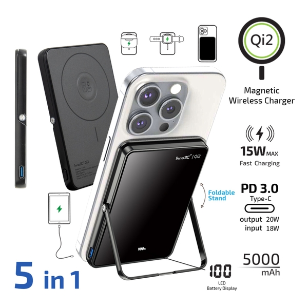 inno3C i-5M3 Qi2 Ultra Slim Magnetic Wireless Power Bank with Stand 5000mAh