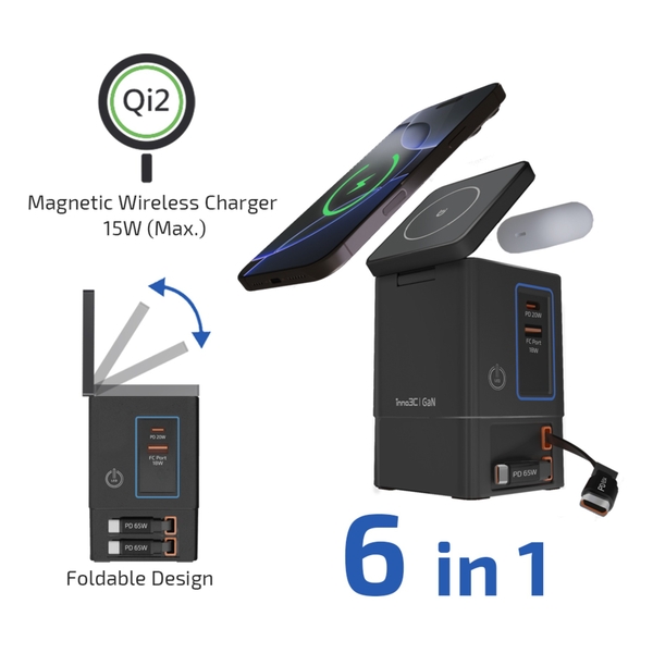 inno3C i-105C2 105W Qi2 + GaN 6-in-1 Wireless Fast Charging Dock with Build-in Retractable Cables