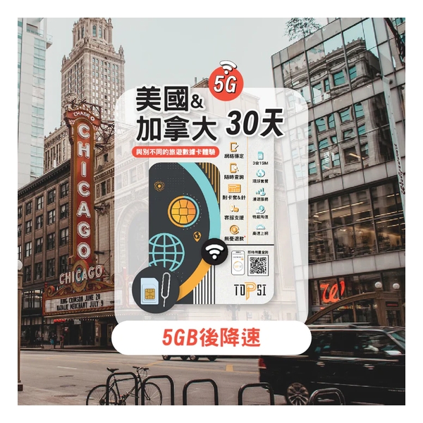 TOPSI {5G} US and Canada Unlimited Data 30 Days (First 5/10GB of High-Speed Data, then throttled to 128 Kbps)