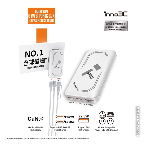 inno3C i-67ET 超細67W 三輸出 GaN 旅行快速充電器