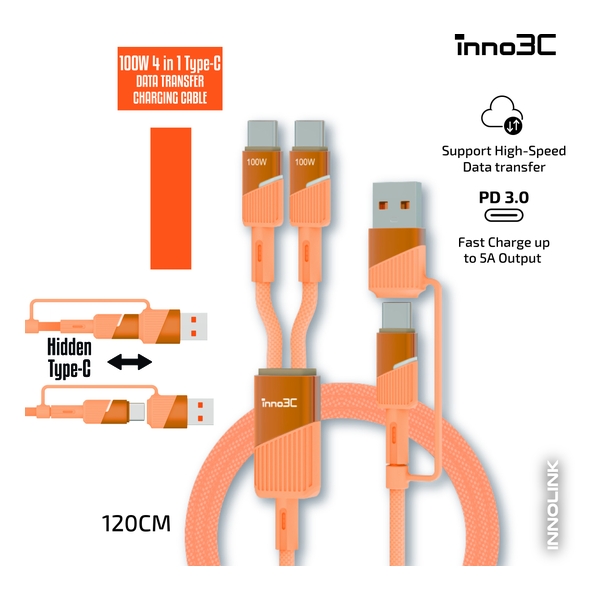inno3C i-100C2-12 4合1 100W Type C 數據傳輸充電線 120cm