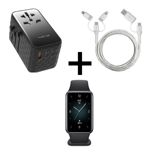 inno3C i-FT120 GaN 120W 4-Ports AC Socket Universal Travel Adaptor + inno3C i-5CS-12  5 in 1 Cable 1.2M + Honor Band 9