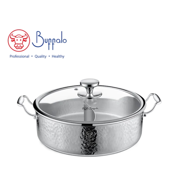 BUFFALO - PRO COOK II 316 Stainless Steel 5-Ply Hammered Hot Pot with Partition and Glass Lid 30cm / 5.62L 70330C