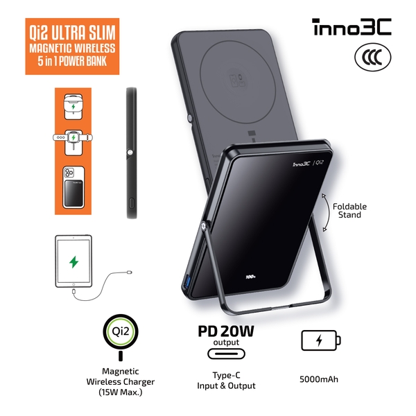 inno3C Qi2 超薄磁吸無線充 5 合 1 移動電源 3C 認證 5000mAh M0U (Black)