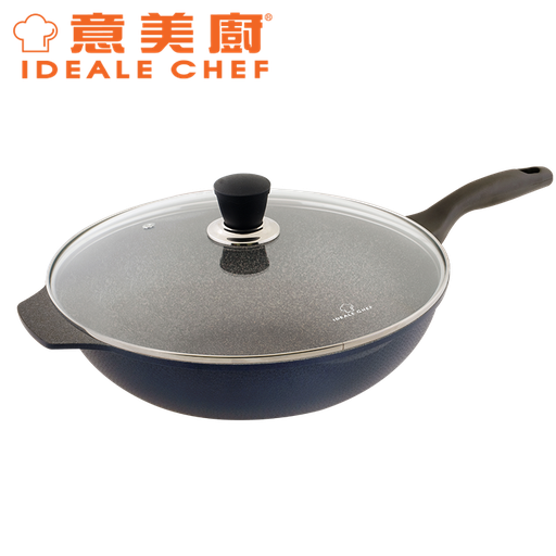 [138F0108] IDEALE CHEF KOREA RAINBOW DIE-CAST CURLING NON-STICK 34X9.5CM FRY WOK W/GLASS LID (DARK BLUE)