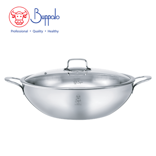 [138F0199] BUFFALO IMPERIAL SUS316 36CM 5PLY FLAT BOTTOM WOK W/GLASS LID(2.3MM)