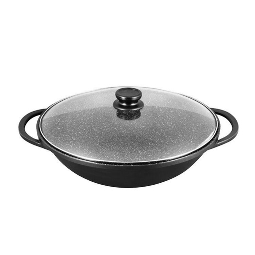 [138F0207] EURO C00K DIE-CAST BLACK MARBLING NON-STICK 36CM FLAT BOTTOM WOK W/GLASS LID (BLACK)