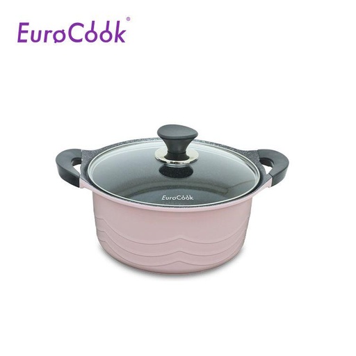 [138F0209] EURO COOK KOREA DIE-CAST GREY MARBLING NON-STICK 20X8.8CM/2.3L STOCKPOT W/GLASS LID (PINK)