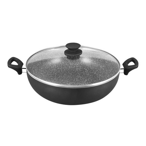 [138F0213] EURO COOK 34X9.5CM BLACK MARBLING NON-STICK WOK W/GLASS LID (BLACK)