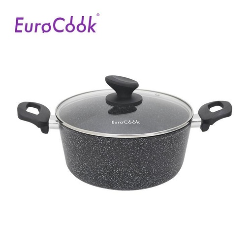 [138F0214] EURO COOK鍛造鑄鋁雲石紋易潔24X10.5CM雙耳煲玻璃連蓋- 黑色雲石紋