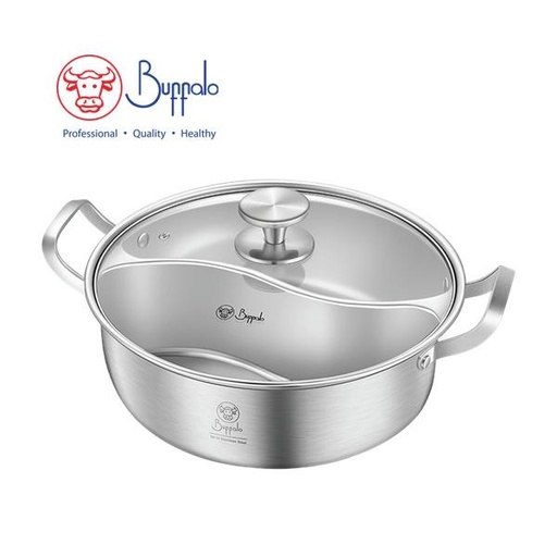 [138F0016] BUFFALO PRO COOK SUS304 NO WELDING DIVIDER HOTPOT WITH GLASS LID (30X9.5CM/5.0L) 20330C