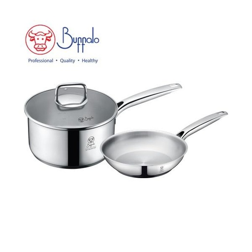 [138F0029] BUFFALO PRO TWINS COOK 3-PC COOKWARE SET: 20X10CM/2.7L SAUCEPAN W/GLASS LID+ 20CM FRYPAN (0.6MM)