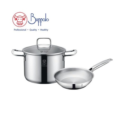 [138F0030] BUFFALO PRO TWINS COOK 3-PC COOKWARE SET: 20X13.5CM/3.8L STOCKPOT W/GLASS LID+ 20CM FRYPAN (0.6MM)