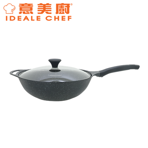 [138F0064] IDEALE CHEF BLACK MARBLE I DIE-CAST MARBLED NON-STICK FRY WOK W/GLASS LID (32X9.2CM/4.5L)(MARBLED)