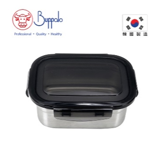 [138F0228] BUFFALO KOREA SUS304 RECTANGLE AIRTIGHT FOOD CONTAINER 450ML (MICROWAVE SAFE)