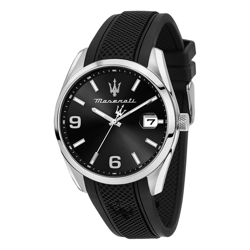 [067D0002] Maserati CAPSULE 43 mm ss case 3H date mvt black dial black silicone strap R8851151010