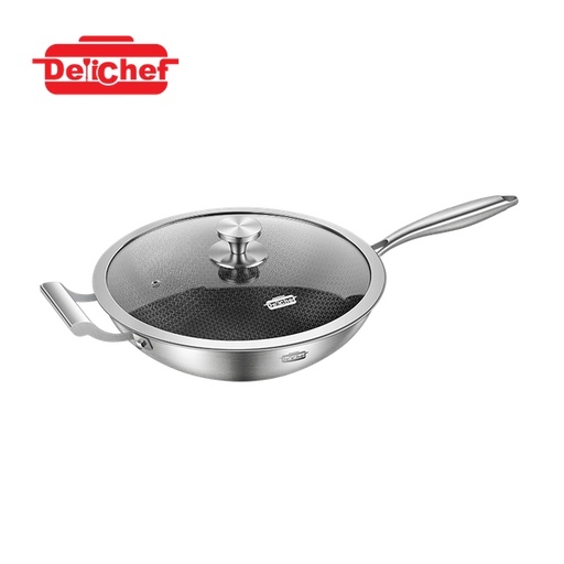 [138F0268] DELICHEF WAVE II 3-PLY SUS304 CHINESE FRY WOK W/GLASS LID (32X9CM) (2.2MM) DC30332W