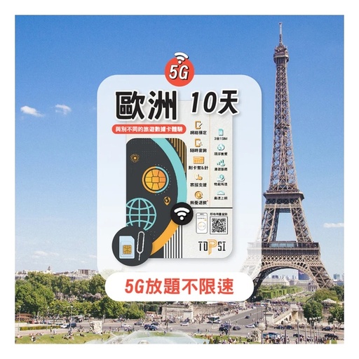 TOPSI {5G} 歐洲 10/20/30天 放題不限速 數據卡