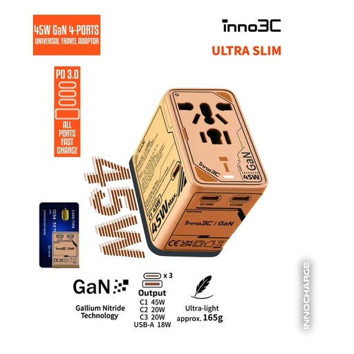 inno3C 45W GaN 4-Ports AC Socket Universal Travel Adaptor