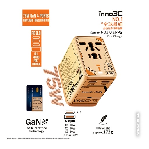 inno3C 75W GaN 4-Ports AC Socket Universal Travel Adaptor