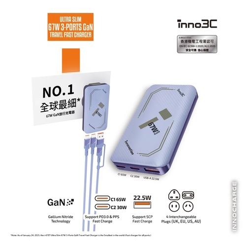 inno3C Ultra Slim 67W 3-Ports GaN Travel Fast Charger i-67ET