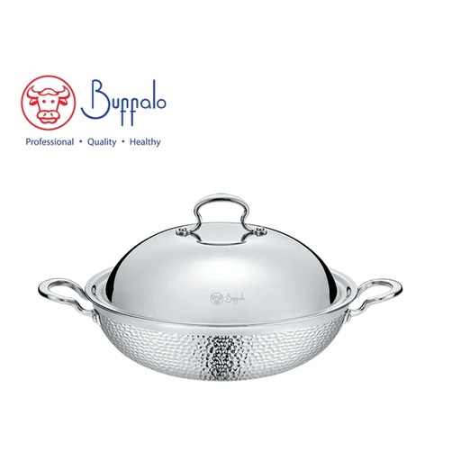 [138F0315] BUFFALO - ROYAL III 316 Stainless Steel 5-Ply Hammered Flat Bottom Wok with S/S Lid 32cm 763432A