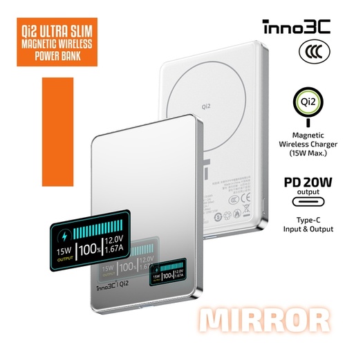 [049F8149] inno3C Qi2 鏡面超薄磁吸無線充移動電源 5000mAh 3C 認證 M0 OLED (Mirror)