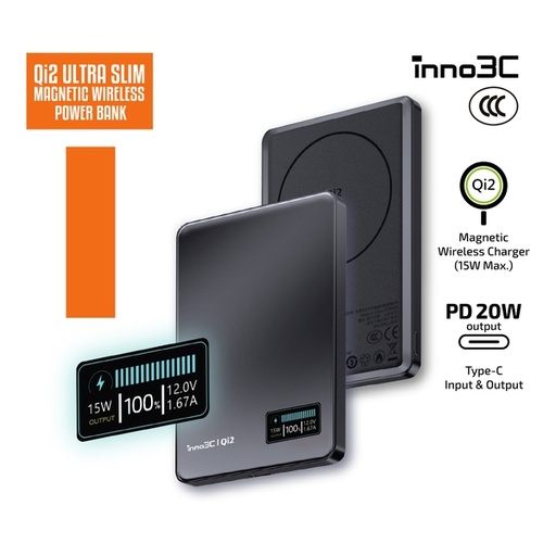 [133F0176] inno3C Qi2 超薄磁吸無線充移動電源 5000mAh 3C 認證 M0 OLED (Black)