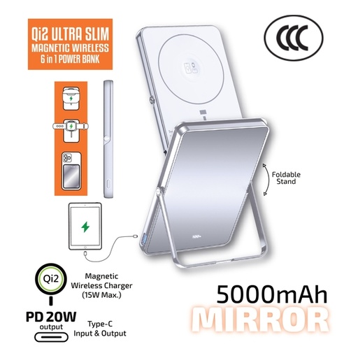 [049F8151] inno3C Qi2 鏡面超薄磁吸無線充 6 合 1 移動電源 5000mAh 3C 認證 M0U (Mirror)