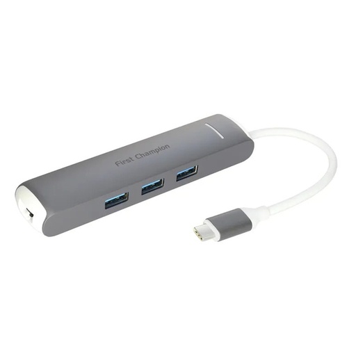 [050F0021] First Champion USB 3.1 Type-C Hub - 6 in 1 Hubs with Giga Lan - Grey