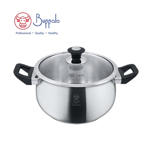 [138F0349] BUFFALO - PRECIOUS II 18/10 Stainless Steel Encapsulated Bottom Stockpot with Glass Lid 24cm / 5.9L (36624S)