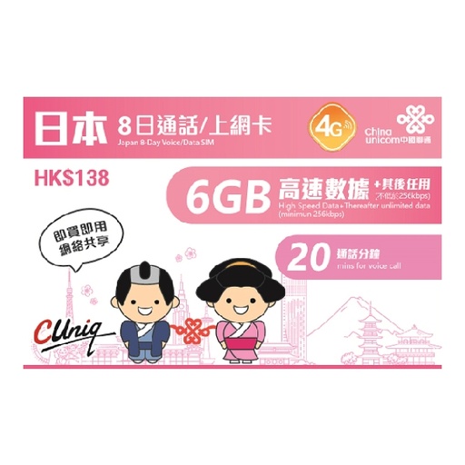 [CU00041] China Unicom Japan 8-Day Voice/Data SIM